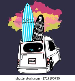 White car on blue background. Travel with a surfing boards. California dreams. 