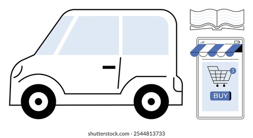 White car, open book icon, and smartphone screen with shopping cart on buy button. Ideal for vehicle sales, e-commerce, digital transactions, automotive, online shopping. Minimalist cartoon style