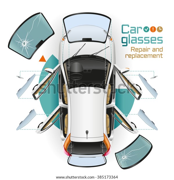 In the white car with open doors at service\
station change front, back and side glasses, rear-view mirrors. The\
broken glasses lie nearby.