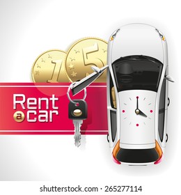 White car with an open driver's door, on which hangs a key, standing on the red carpet under which lie the two gold coins. On the roof of the car analog clocks show 4:00.