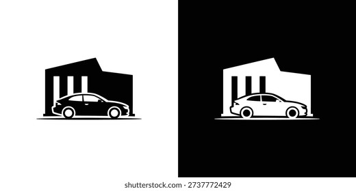 A white car parked in front of a building with columns