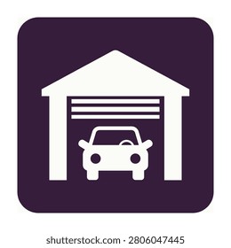 A white car parked inside a garage icon on a dark purple background
