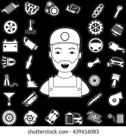 White car parts graphic on a black background and Mechanic navigation to car. In vector style.