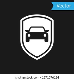 White Car protection or insurance icon isolated on black background. Protect car guard shield. Safety badge vehicle icon. Security auto label. Vector Illustration