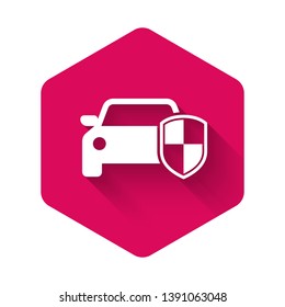 White Car protection or insurance icon isolated with long shadow. Protect car guard shield. Safety badge vehicle icon. Security auto label. Pink hexagon button. Vector Illustration