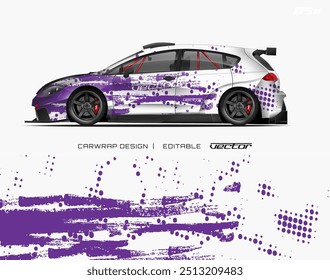 White car with purple and white design, circles and streaks. Suitable for automotive, transportation, vehicle advertising or wallpaper backgrounds.