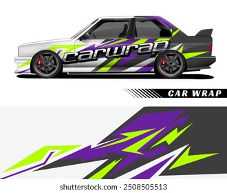 White car with purple and green geometric design. Perfect for automotive or design themed projects needing a pop of color.