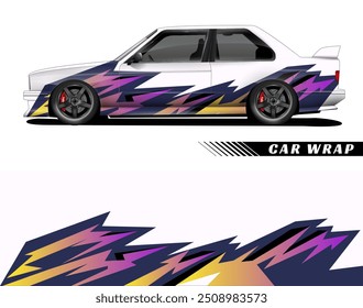 White car with a purple and yellow lightning bolt design and red brake calipers. Suitable for automotive advertising and marketing campaigns.