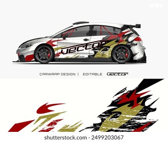 White car with red, black, gold, white graphic design suitable for automotive advertising, car dealership promotions, vehicle wraps, and design concepts.