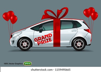 White Car with red bow and balloons isolated on a grey background, with an inscription Grand Prize.