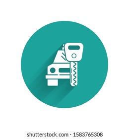 White Car rental icon isolated with long shadow. Rent a car sign. Key with car. Concept for automobile repair service. Green circle button. Vector Illustration