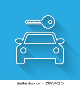 White Car rental line icon isolated with long shadow. Rent a car sign. Key with car. Concept for automobile repair service, spare parts store. Vector Illustration