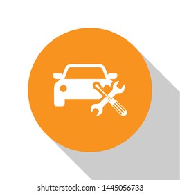 White Car with screwdriver and wrench icon isolated on white background. Adjusting, service, setting, maintenance, repair, fixing. Orange circle button. Vector Illustration