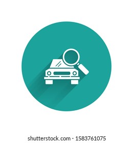 White Car search icon isolated with long shadow background. Magnifying glass with car. Green circle button. Vector Illustration