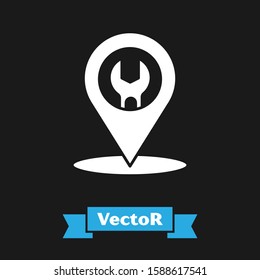 White Car service icon isolated on black background. Auto mechanic service. Repair service auto mechanic. Maintenance sign.  Vector Illustration