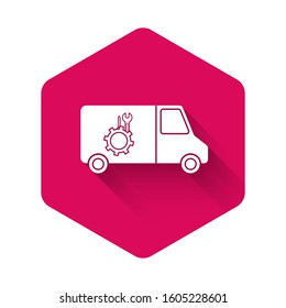 White Car service icon isolated with long shadow. Repair service auto mechanic. Maintenance sign. Pink hexagon button. Vector Illustration