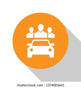 White Car sharing with group of people icon isolated on white background. Carsharing sign. Transport renting service concept. Orange circle button. Flat design. Vector Illustration