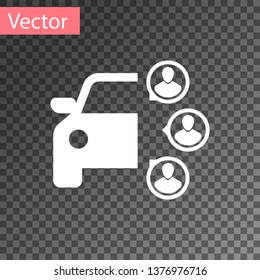 White Car sharing with group of people icon isolated on transparent background. Carsharing sign. Transport renting service concept. Vector Illustration