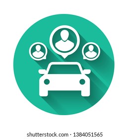 White Car sharing with group of people icon isolated with long shadow. Carsharing sign. Transport renting service concept. Green circle button. Vector Illustration