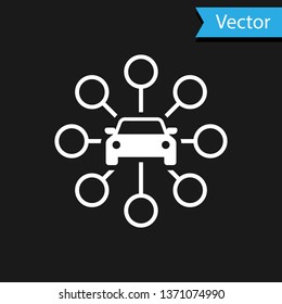 White Car sharing icon isolated on black background. Carsharing sign. Transport renting service concept. Vector Illustration