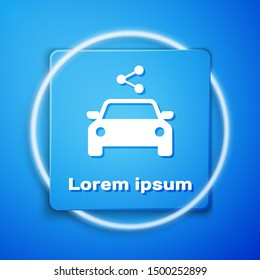 White Car sharing icon isolated on blue background. Carsharing sign. Transport renting service concept. Blue square button. Vector Illustration