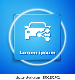 White Car sharing icon isolated on blue background. Carsharing sign. Transport renting service concept. Blue square button. Vector Illustration