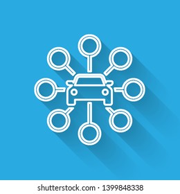 White Car sharing line icon isolated with long shadow. Carsharing sign. Transport renting service concept. Vector Illustration