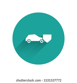 White Car with shield icon isolated with long shadow. Insurance concept. Security, safety, protection, protect concept. Green circle button. Vector Illustration