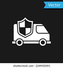 Weißes Auto mit Schild Symbol einzeln auf schwarzem Hintergrund. Versicherungskonzept. Sicherheit, Sicherheit, Schutz, Schutzkonzept.  Vektorgrafik