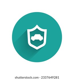 White Car with shield icon isolated with long shadow. Insurance concept. Security, safety, protection, protect concept. Green circle button. Vector