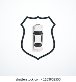 White car and shield. Car security / insurance concept. Vector illustration