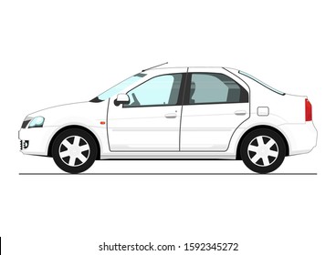 White car. Side view of modern white sedan car. Flat vector.