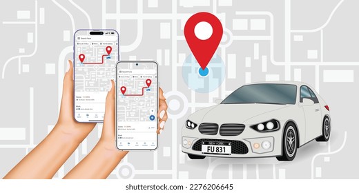 Auto blanco, smartphone con ruta y puntos de ubicación en un mapa de la ciudad sobre el paisaje urbano. Ilustración vectorial del concepto de sistemas de navegación por satélite y automóviles.