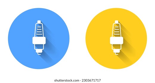 White Car spark plug icon isolated with long shadow background. Car electric candle. Circle button. Vector