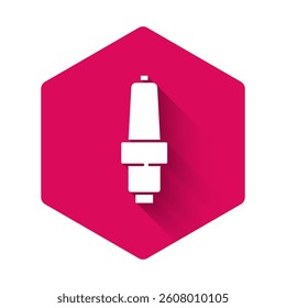 White Car spark plug icon isolated with long shadow. Car electric candle. Pink hexagon button. Vector