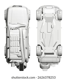 A white car with a surfboard on the roof. The car is parked on a white background. Top, bottom view. 3D