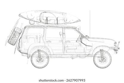 A white car with a surfboard on top of it. The car is parked on a white background. Side view