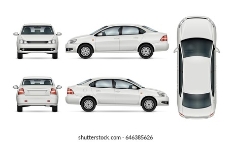 White car template for car branding and advertising. Isolated sedan on white background. All layers and groups well organized for easy editing and recolor. View from side; front; back; top.