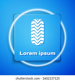 White Car tire icon isolated on blue background. Blue square button. Vector Illustration