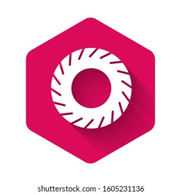 White Car tire icon isolated with long shadow. Pink hexagon button. Vector Illustration