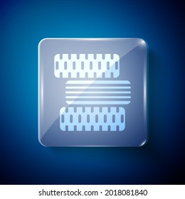 White Car tire wheel icon isolated on blue background. Square glass panels. Vector Illustration