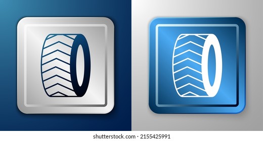 White Car tire wheel icon isolated on blue and grey background. Silver and blue square button. Vector