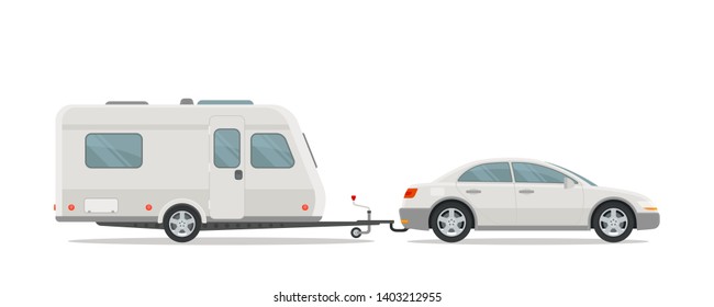 White car towing camping trailer. Camper for rent. Side view. Blank template for corporate identity and advertising. Vector illustration, flat design style. Isolated on white background.