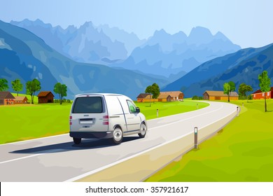 White Car Traveling On Alps Mountains Road At Summer