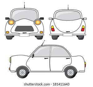 White car vector illustration, front, side and back view. Creative transportation design.