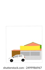 white car vector parked in front of a shop isolated on white background