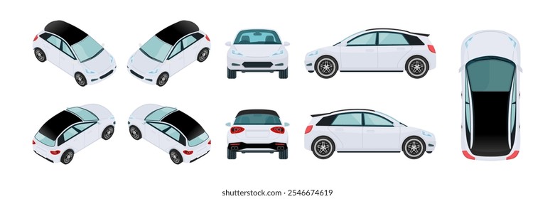 White Car Vector Template: 3D Views from All Angles - Isometric, Front, Rear, Side, Top - Business Hatchback and Sedan Mockup. Vector.