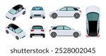 White Car Vector Template: All Angle 3D Views - Isometric, Front, Rear, Side, and Top - Business Hatchback and Sedan Mockup