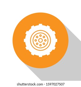 White Car wheel icon isolated on white background. Orange circle button. Vector Illustration