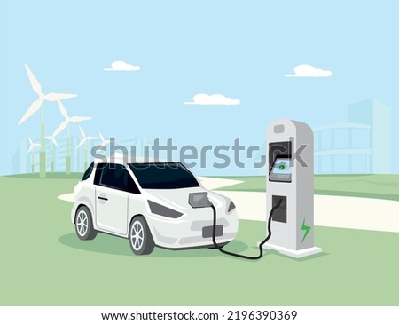 A white car which is working electricity. It does not use gasoline or petroleum. A rechargeable vehicle.  Environmentally friendly and technological tool.